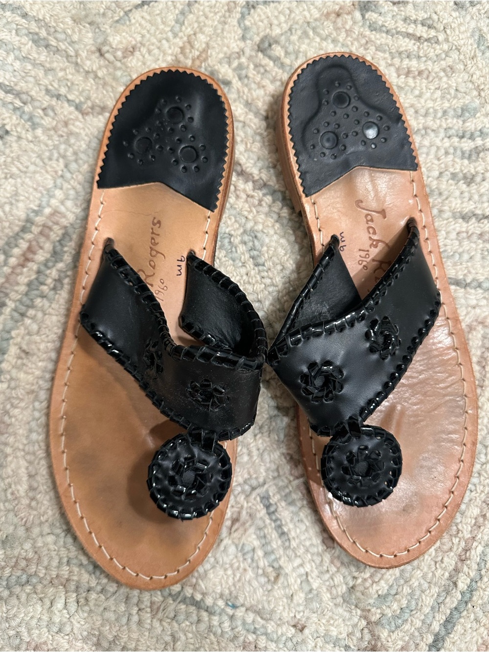 Jack Rogers Black & Tan Leather Whipstitched Toe-Post Sandals